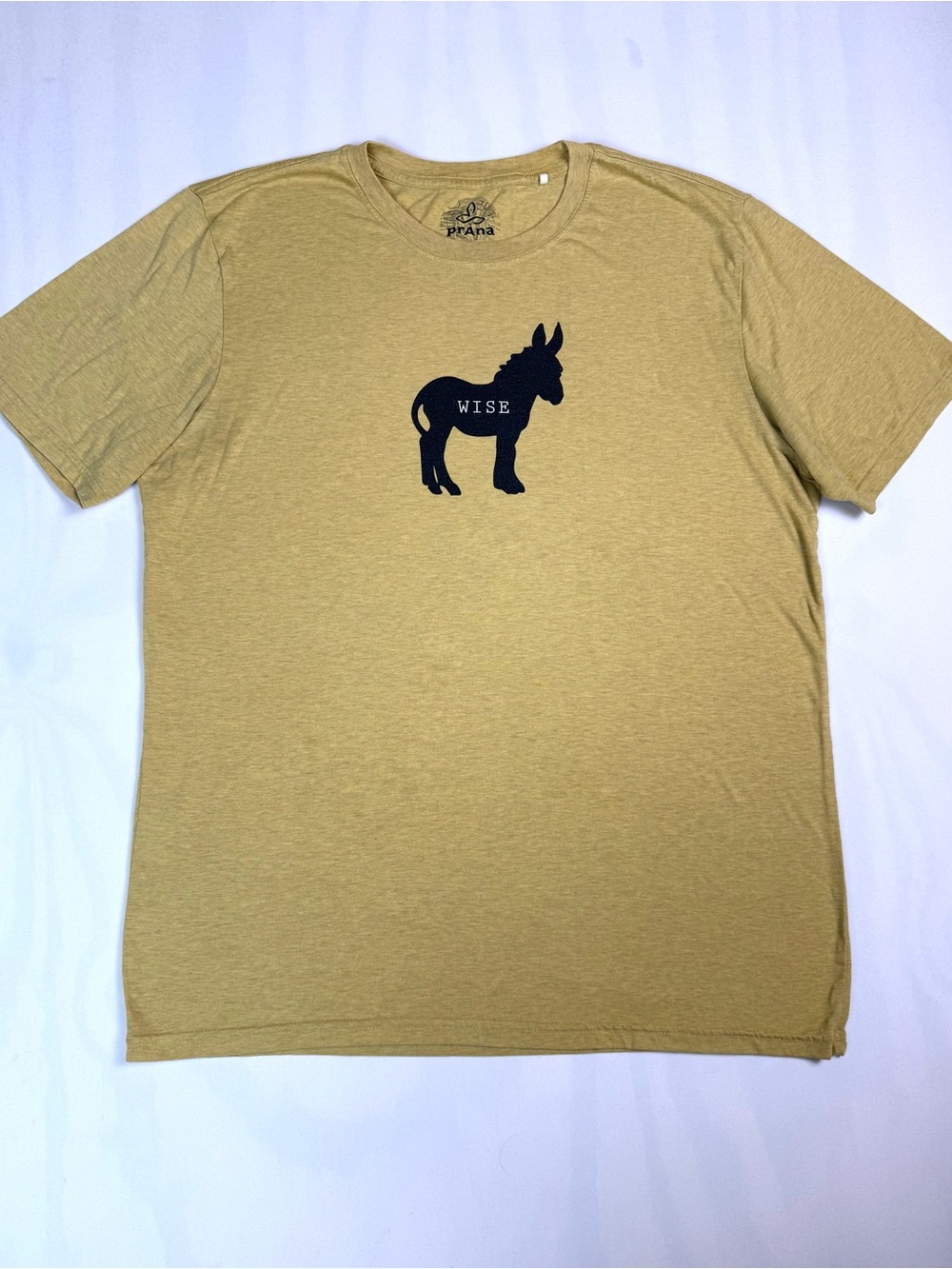 prAna Wise Ass Journeyman Tee Men's L Yellow Donkey Graphic Organic Cotton